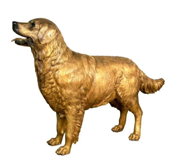 Life size bronze golden retriever standing with mouth open